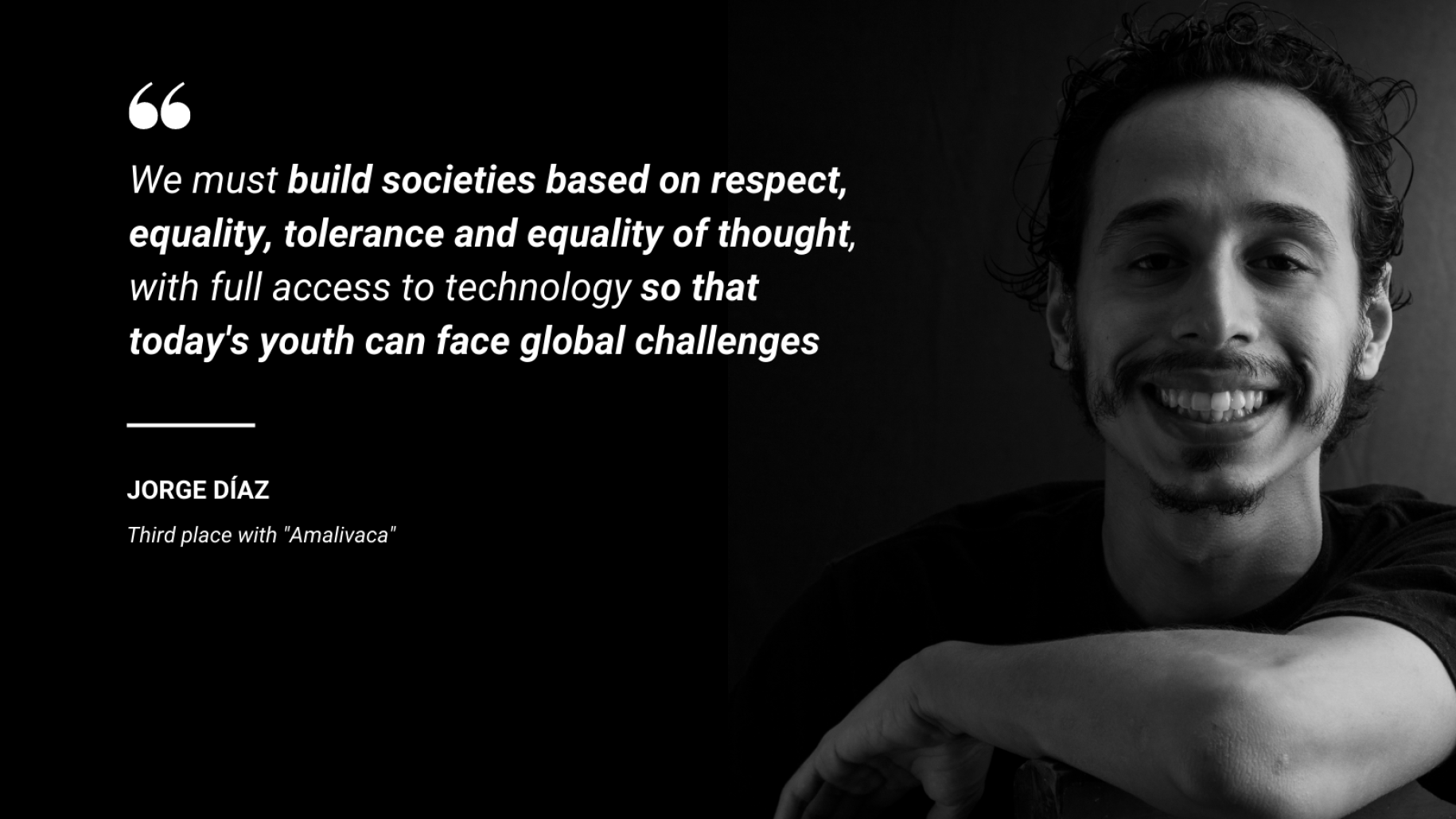 A quote card shows the winning composer, third place Jorge Díaz with "Amalivaca" on the right of a quote. 