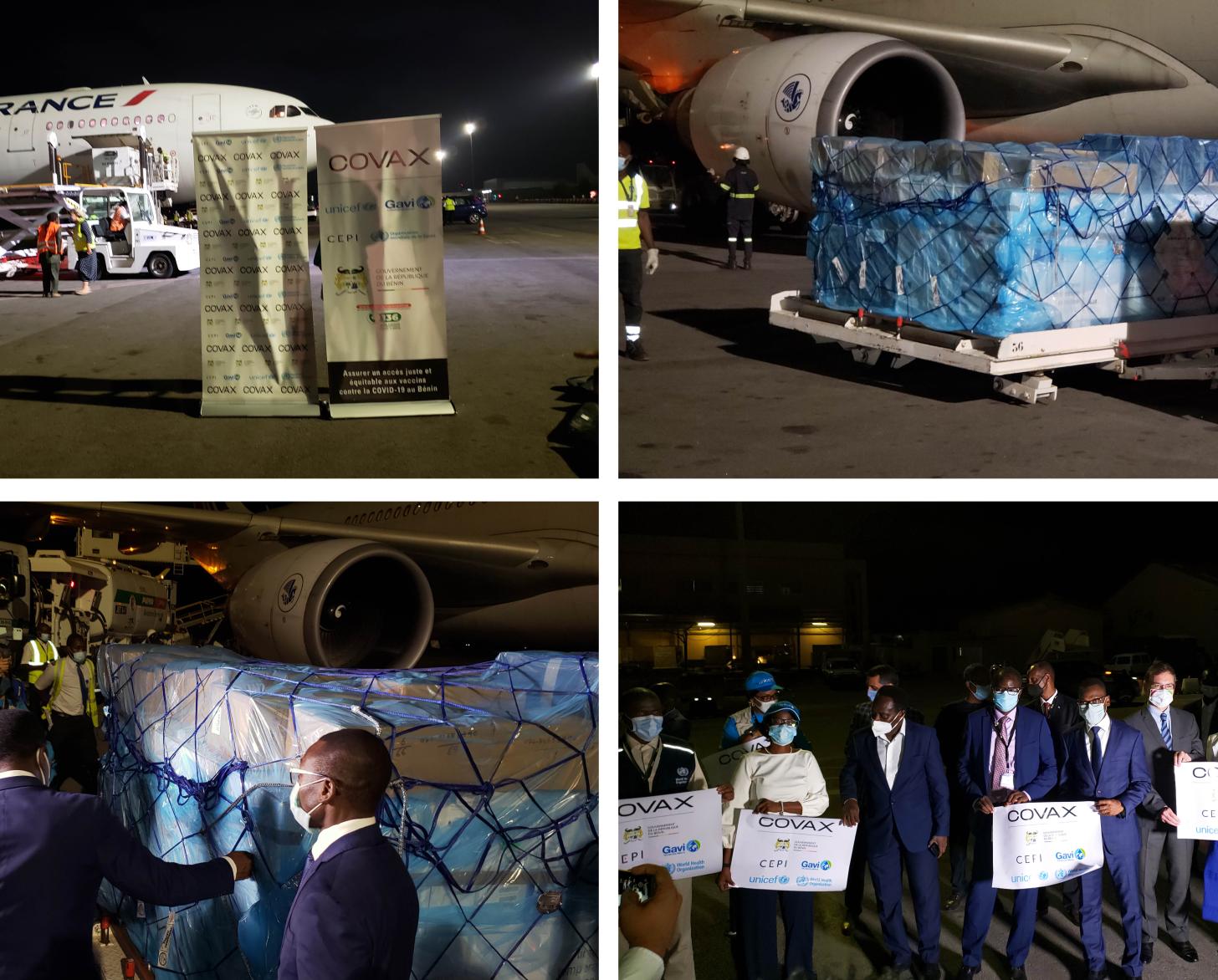 A grid of four images show the arrival of a plane that contains the COVAX-backed vaccines. Several UN and local authorities stand by awaiting the arrival. 