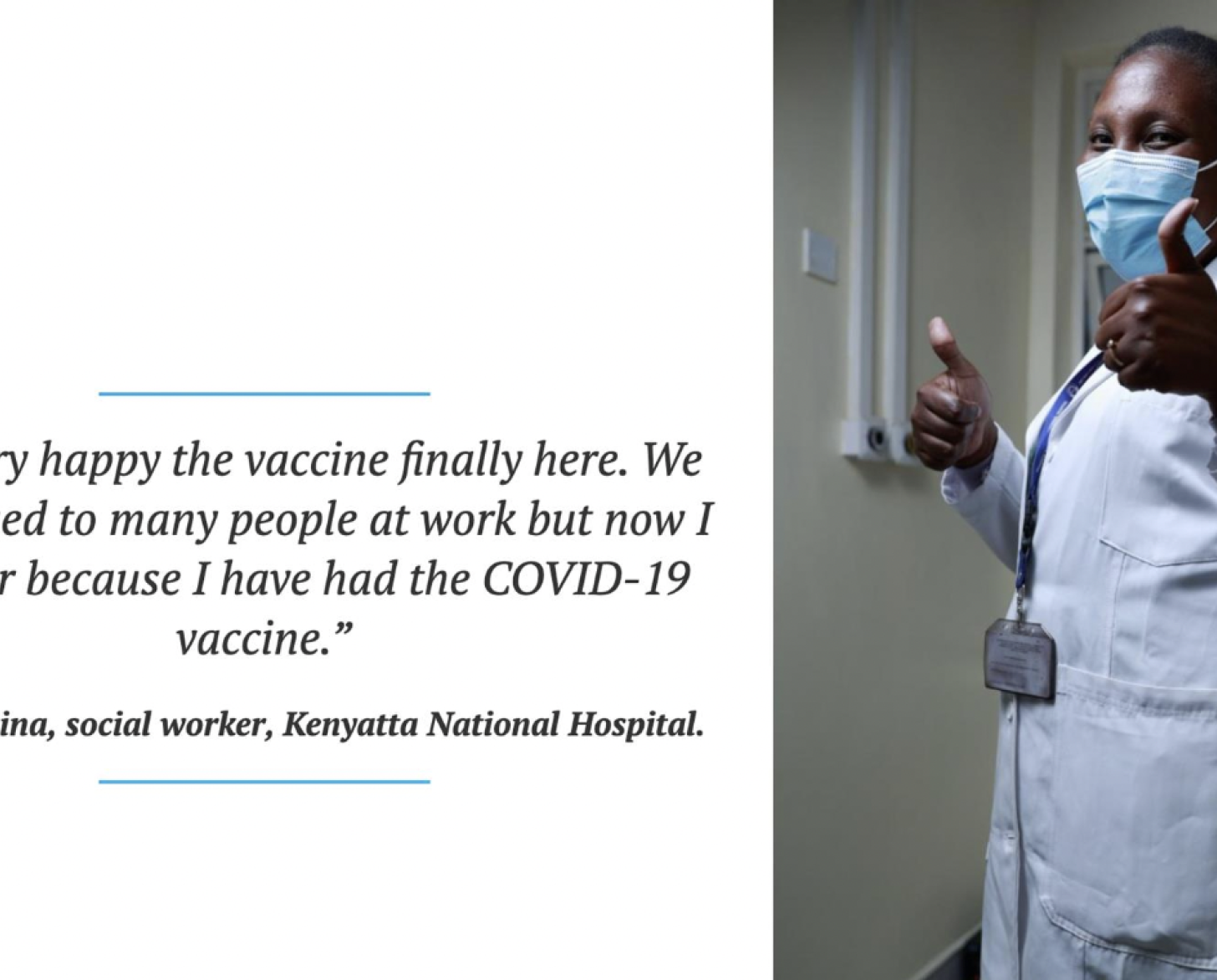 A woman in a white lab coat and blue surgical mask gives the camera thumbs up.