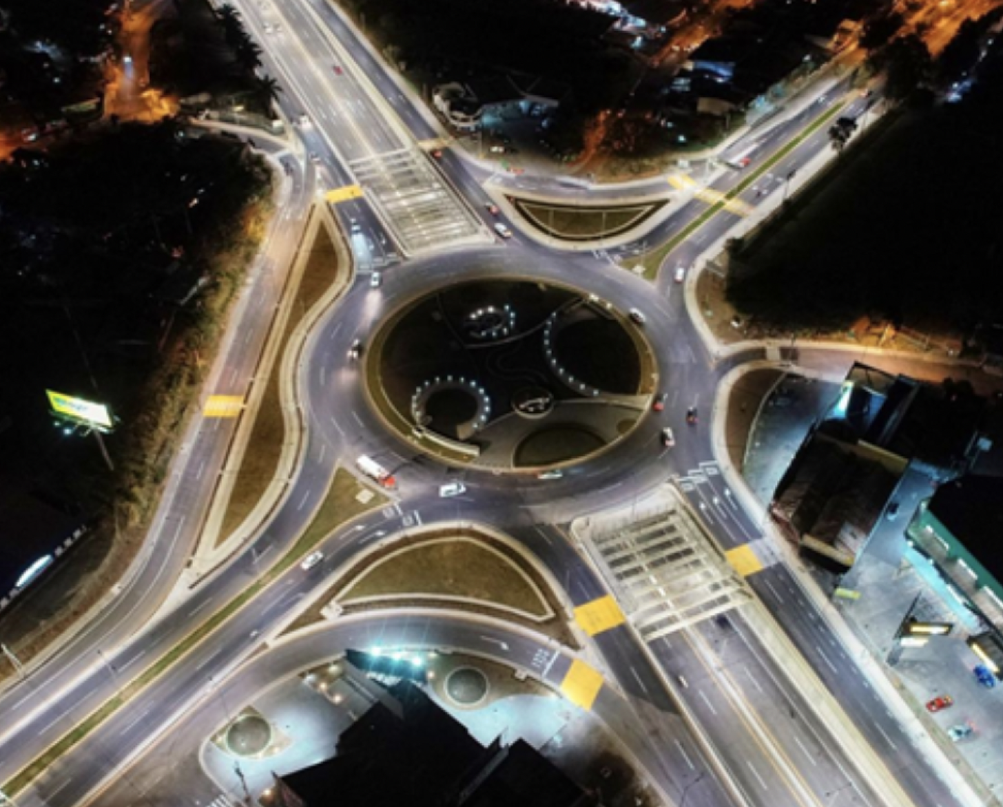 An areal view of a roundabout at night. 