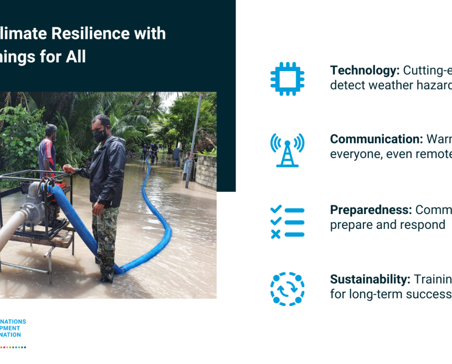 An infographic on the Maldives' strategy for early warnings. It includes a picture of a man with a hose in a flooded area and four bullet points with information.