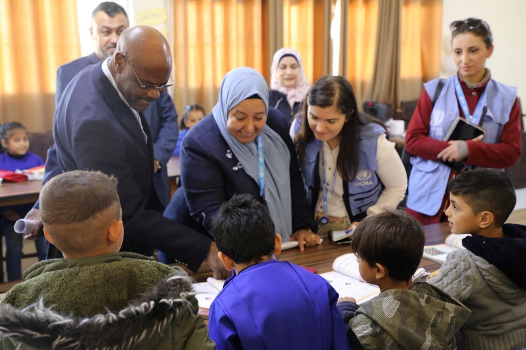 The UN Resident Coordinator and Humanitarian Coordinator for Syria, Mr. Adam Abdelmoula, visits the Al-Zeeb school in the Handarat refugee camp, Aleppo, Syria.
