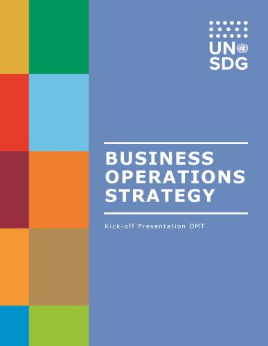 Business Operations Strategy presentation cover showing colourful tiles on the left and a solid blue background on the right.