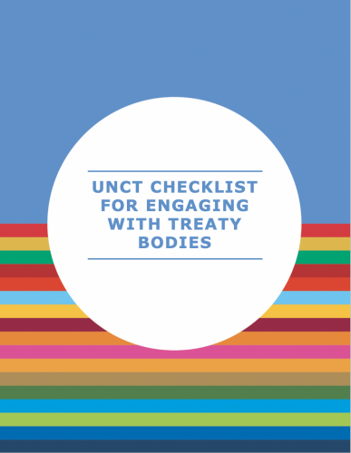 Cover shows the title, "UNCT Checklist for Engaging with Treaty Bodies" in the centre of a solid circle in front of a solid and striped background.