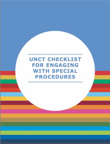 Cover shows the title, "UNCT Checklist for Engaging with Special Procedures" in the centre of a solid circle in front of a solid and striped background.