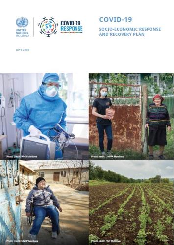 The cover has photos of a person wearing a PPE, a young lady wearing a mask and holding a mask standing next to an older lady, a man in a wheelchair seated by a gate and a field with crops.