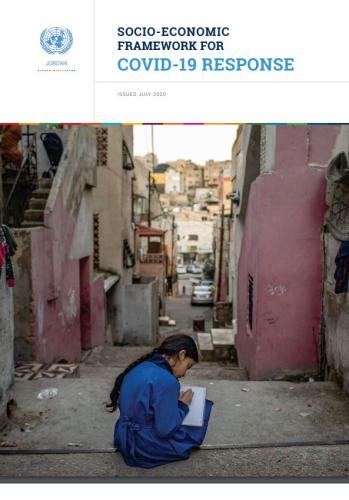 Cover shows the the title, "Socio-Economic Framework for COVID-19 Response for Jordan" with a image of a girl with a blue dress studying outside