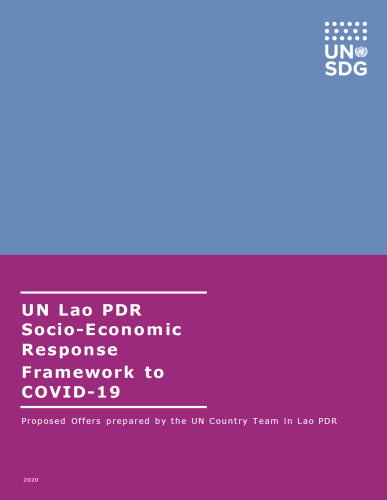 Cover shows the title "UN Lao PDR Socio-Economic Response Framework to COVID-19,  over blue and purple background.