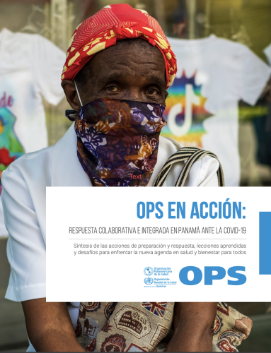 Woman with face mask sits with a bag behind the title in Spanish. 