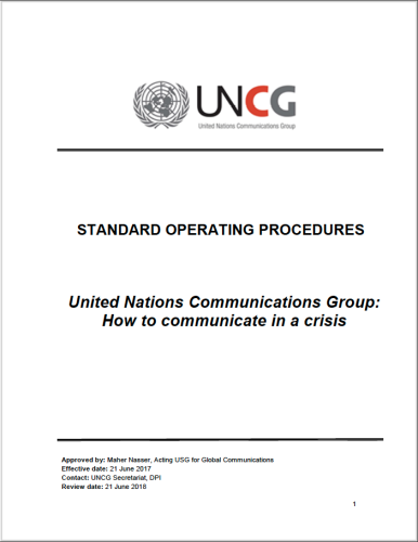 The all-white cover shows the UNCG logo above the title: Standard Operating Procedures, United Nations Communications Group: How to communicate in a crisis