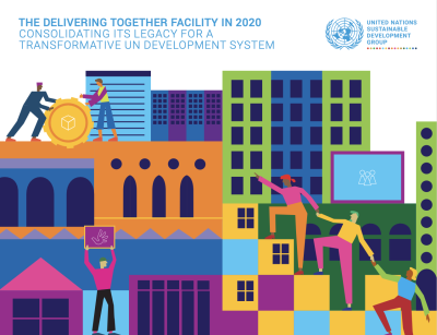 A cartoon cover of people working together with the UNSDG Logo on the upper right corner and the title of the document in the upper left corner. 