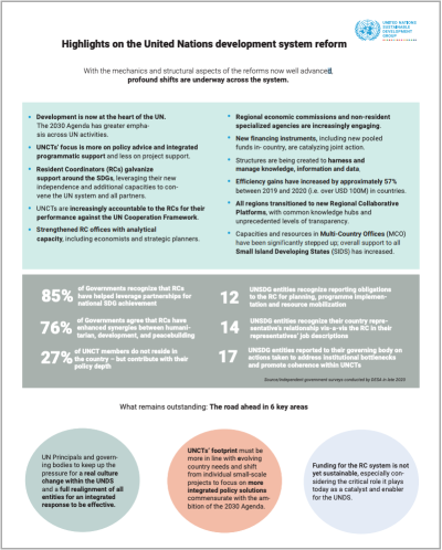 Document shows boxes with text, factoids and circles with text just beneath, and the UNSDG logo on the top right. 