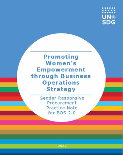 White circle with the title of the document "Gender Responsive Procurement" and a background of UNSDG colors.