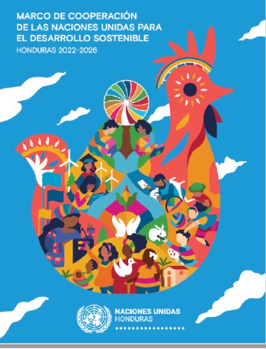 Este documento tiene un fondo azul con una imagen multicolor en el centro.  El texto aparece en blanco. 