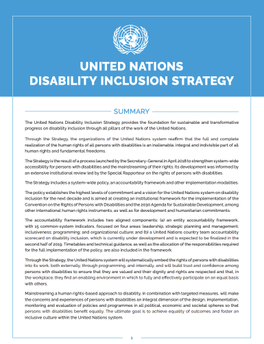 The first page of the disability inclusion manual with the United Nations Logo on top.
