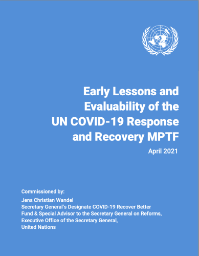 Page de couverture bleue d'un rapport où figurent le logo de l'ONU et un titre en blanc. 