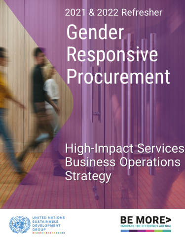 People walking in the back with title "Gender Responsive Procurement"