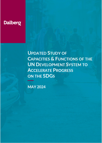 A blue/ cyan cover page with a maroon box in the top left corner- the logo of the Dahlberg consulting company- and text in the center with the title of the study