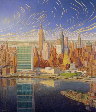 A graphic painting of the skyline, waterfront and the United Nations building in New York