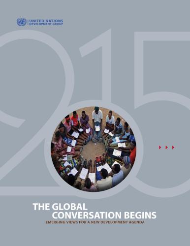 Portada en fondo gris, con una ilustración del año 2015 y una fotografía de personas sentadas en un círculo.