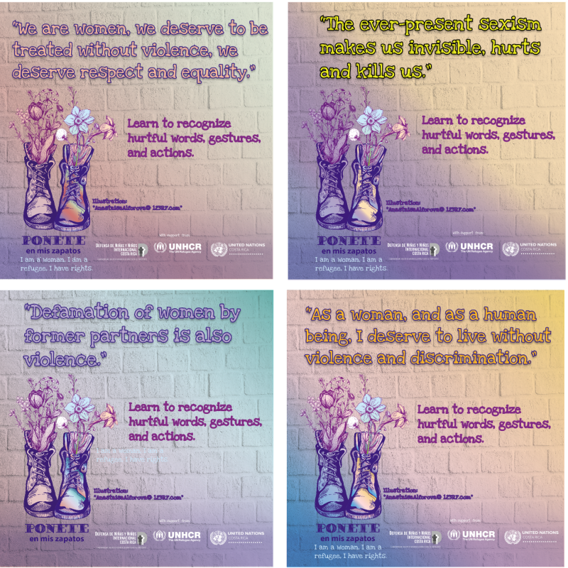 Four quote cards show the Ponete en Mis Zapatos logo with a quote just above, along with their tagline and logos below.